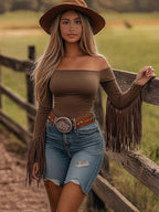 709 Women's Long-Sleeve Tassel Tight Body T-shirt Western Style Solid Color