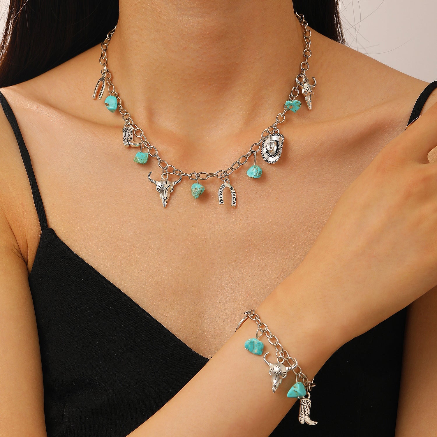 Western Denim Female Style Retro Boots Jewelry Set