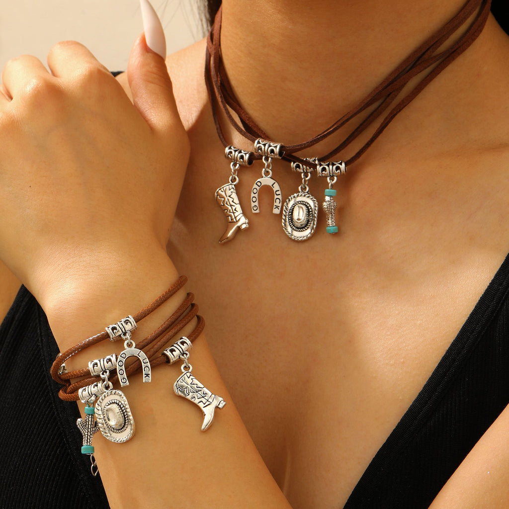 Western Denim Female Style Retro Boots Jewelry Set