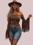 709 Women's Long-Sleeve Tassel Tight Body T-shirt Western Style Solid Color