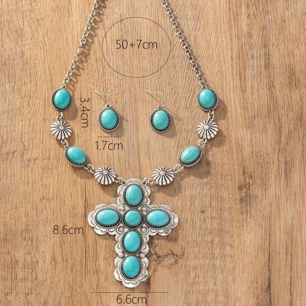 Retro Fashion Cross Turquoise Western Style Jewelry Set