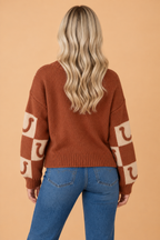 Western Horseshoe Checker Button V-Neck Cardigan