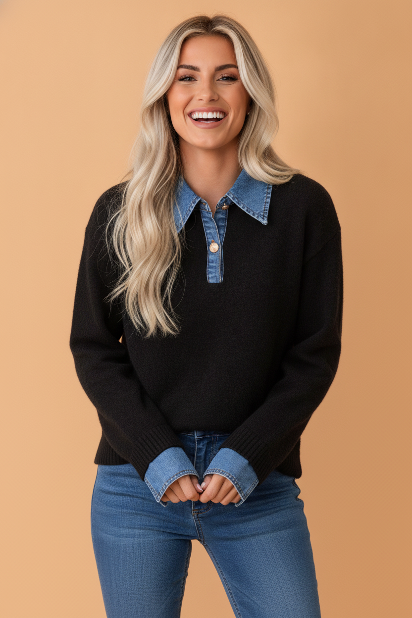 Denim Patchwork Collar Cuffed Long Sleeve Sweater
