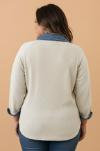 Plus Size Denim Patchwork Collared Ribbed Knit Blouse