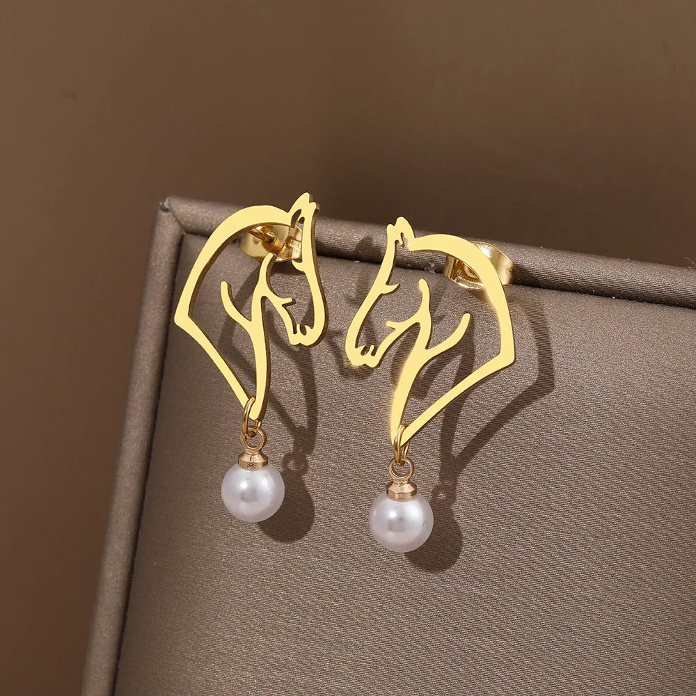 Stainless Steel Earrings 2022 Trend Exquisite Line Horse Design Pearl Charms Pendants Earrings For Women Jewelry Party Gifts NEW