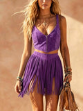 Spicy Girl Suede Set Zipper Vest + Fringe Mini Skirt Western Style Two-Piece Set Trendy Urban Outfit for Women