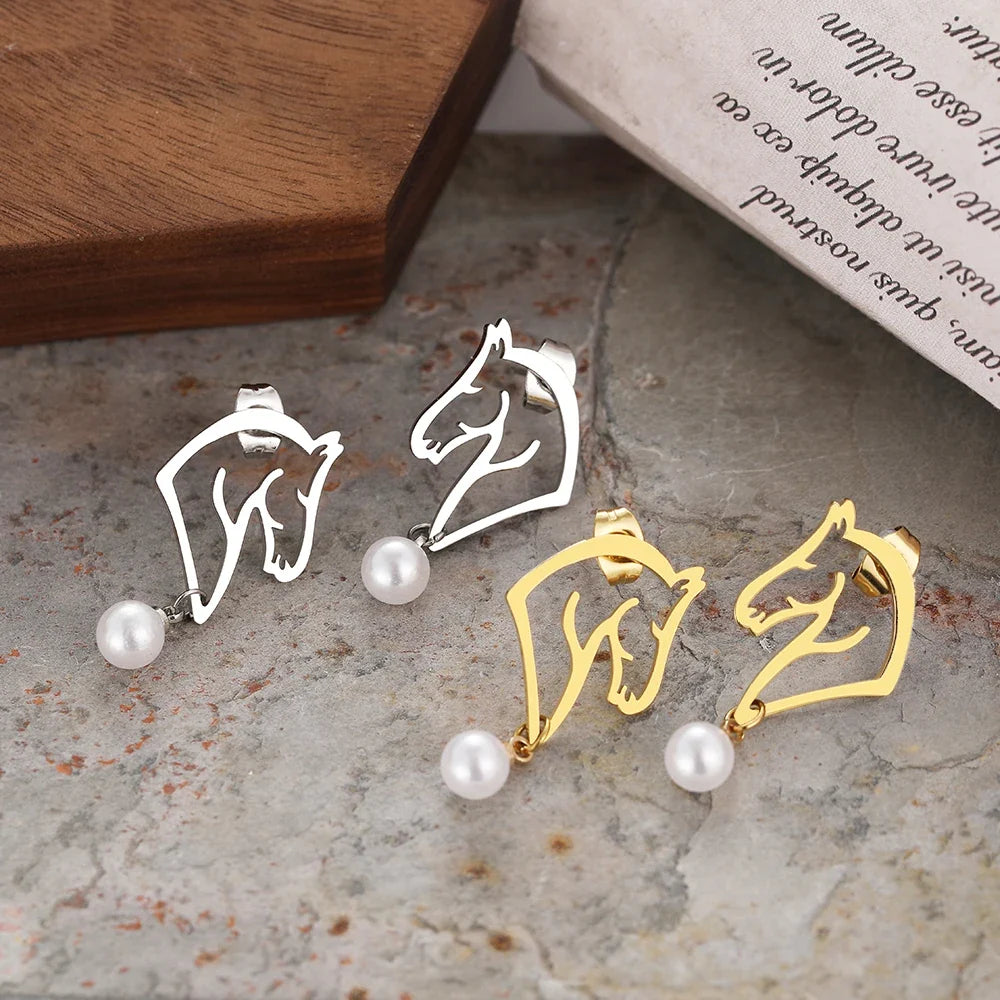 Stainless Steel Earrings 2022 Trend Exquisite Line Horse Design Pearl Charms Pendants Earrings For Women Jewelry Party Gifts NEW