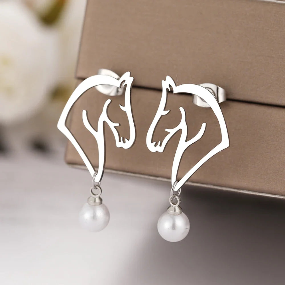 Stainless Steel Earrings 2022 Trend Exquisite Line Horse Design Pearl Charms Pendants Earrings For Women Jewelry Party Gifts NEW
