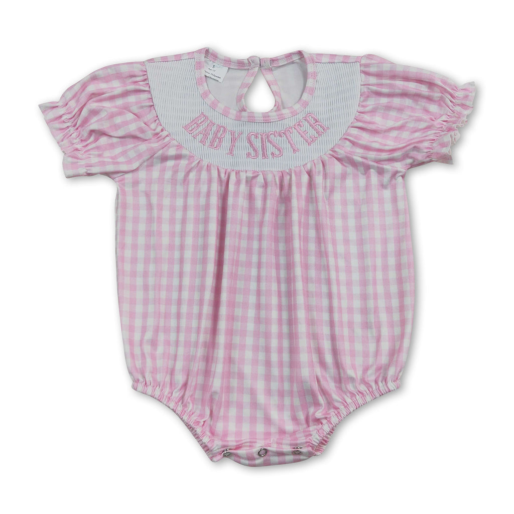 Short sleeves pink plaid baby sister smocked girls romper