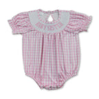 Short sleeves pink plaid baby sister smocked girls romper