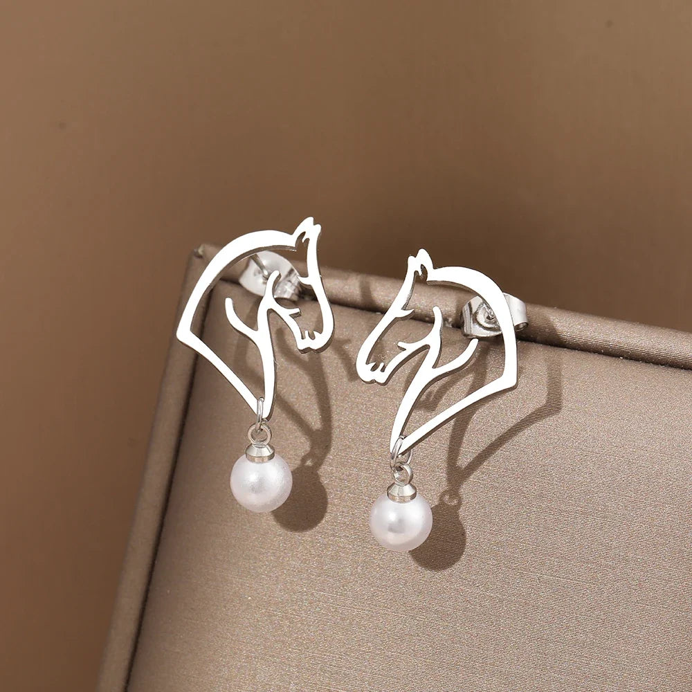 Stainless Steel Earrings 2022 Trend Exquisite Line Horse Design Pearl Charms Pendants Earrings For Women Jewelry Party Gifts NEW