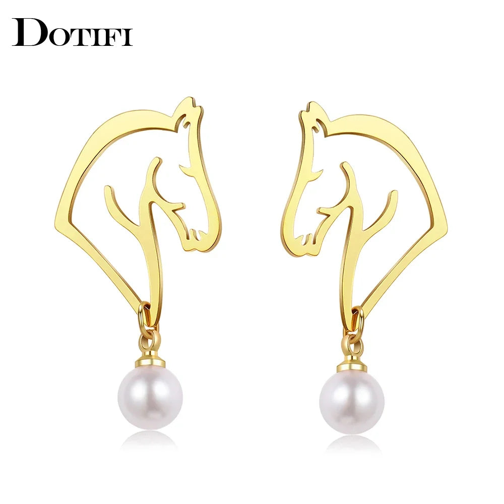 Stainless Steel Earrings 2022 Trend Exquisite Line Horse Design Pearl Charms Pendants Earrings For Women Jewelry Party Gifts NEW
