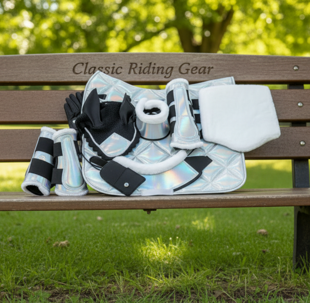 Holographic Dressage Horse Saddle Pad, Ear Bonnet & Horse Boot Set, Breathable, Shock Absorbing Equestrian Gear