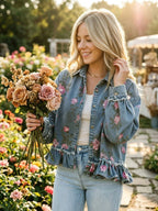 Women's Retro Floral Print Denim Jacket – Long Sleeve Collared Ruffled Hem Short Jacket