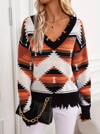 Geometric Frayed Hem V-Neck Long Sleeve Sweater 4 Color Options