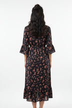 Women's Floral Printed Denim Patchwork Midi Dress — A-Line Half Sleeve