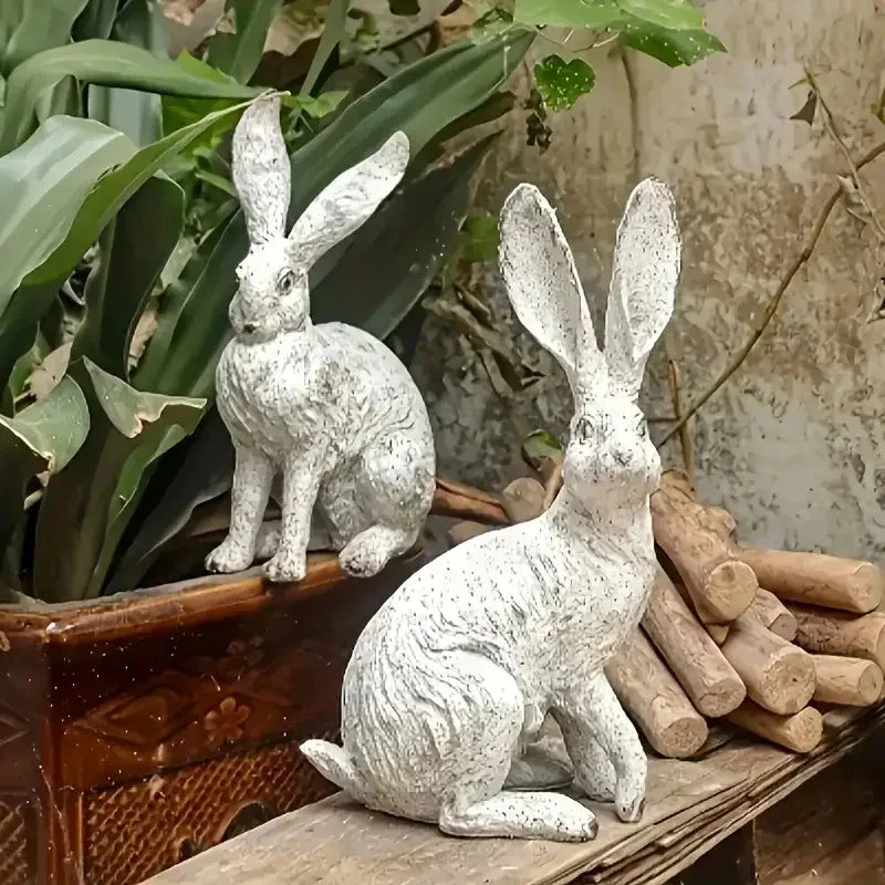 Antique Distressed Old Forest Rustic Wooden Rabbit Resin Sculpture, Animal Decor for Garden and Balcony, Cracked and Peeling Weathered Effect, Vintage Style Animal Statue for Outdoor Landscape and Home Decor