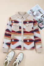 Multicolour Western Aztec Ribbed Patchwork Double Flap Pocket Raw Hem Shacket