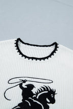 White Contrast Trim Round Neck Rodeo Cowboy Sweater Vest