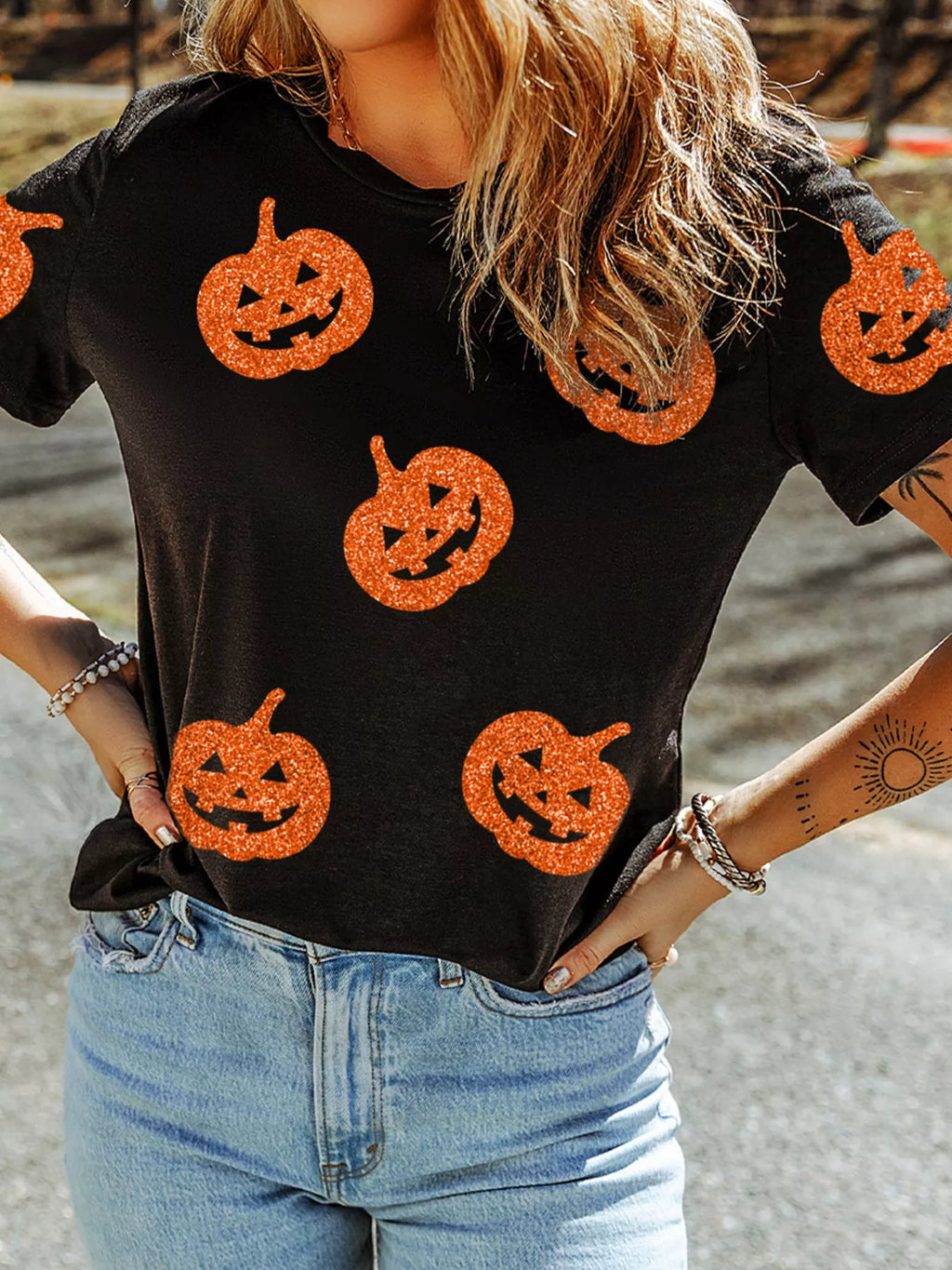Glittering Pumpkin Face Crewneck Halloween T Shirt