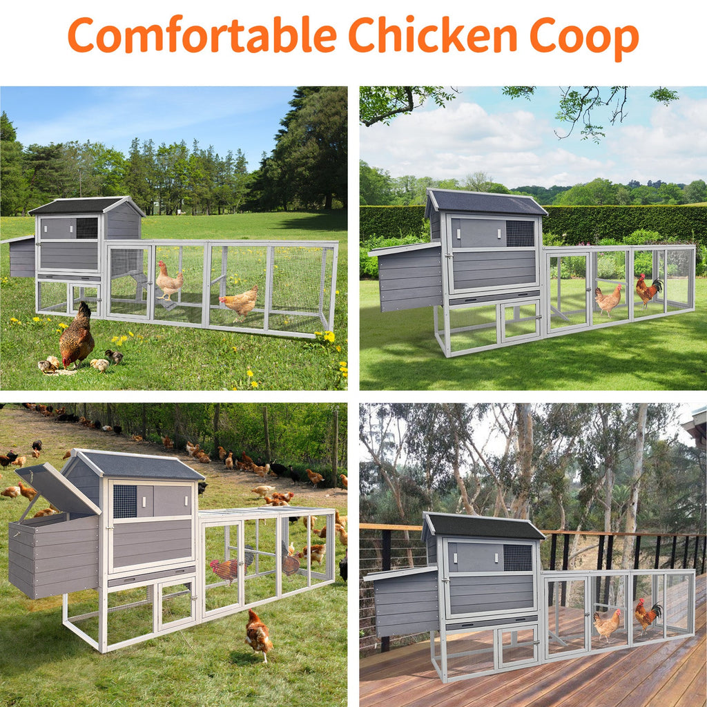 Gray Wooden Chicken Coop with Run and Nesting Box