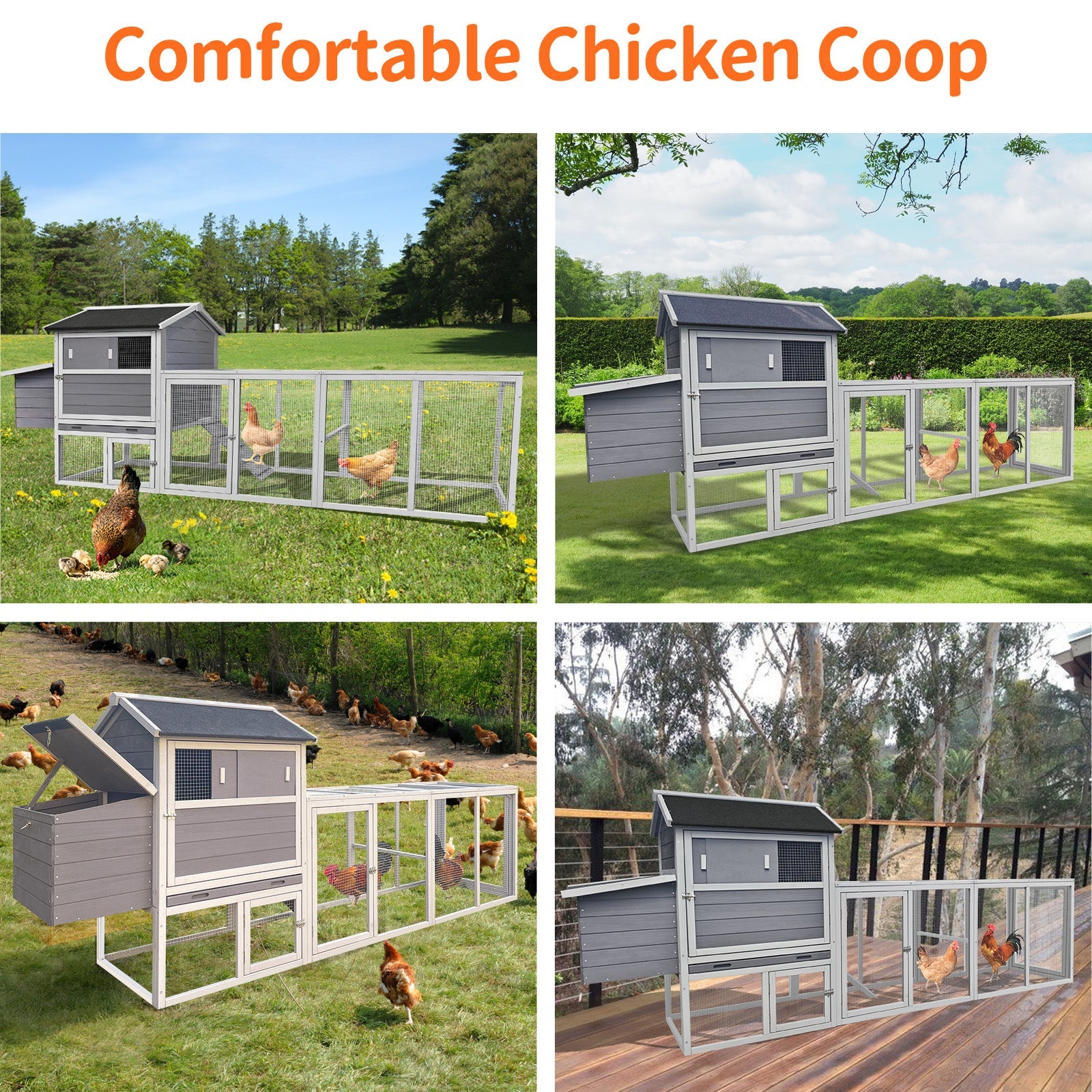 Gray Wooden Chicken Coop with Run and Nesting Box
