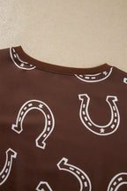 Brown Western Print Elastic Waist Pocket 2pcs Pant Set