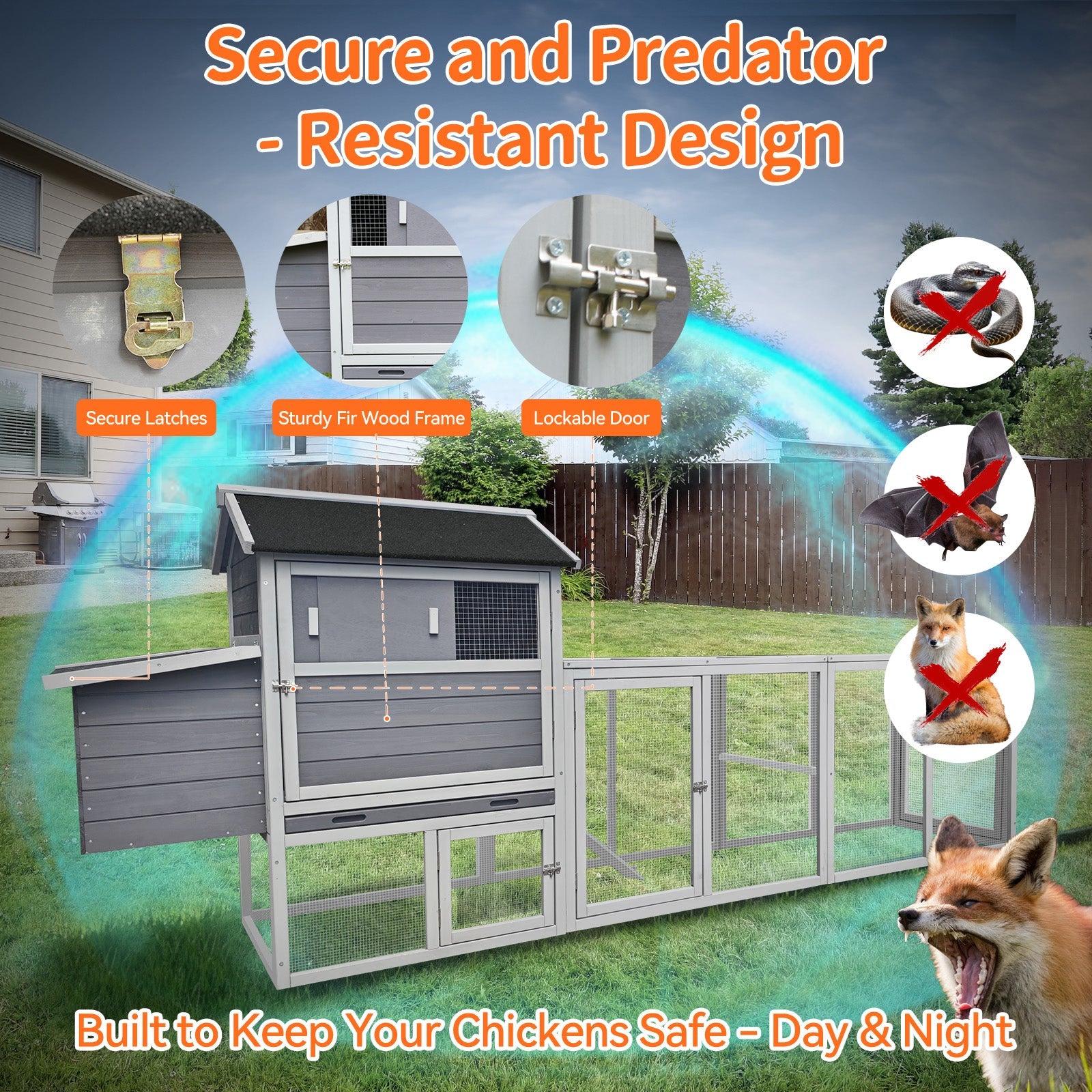 Gray Wooden Chicken Coop with Run and Nesting Box