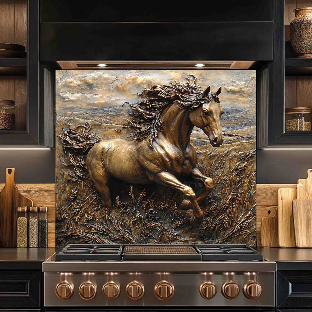 Bronze Spirit Tempered Glass Backsplash – Galloping Horse Copper Look Kitchen Back Splash