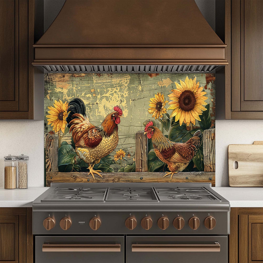 Sunny Roosters – Tempered Glass Backsplash | Farmhouse Chicken & Sunflower Backsplash