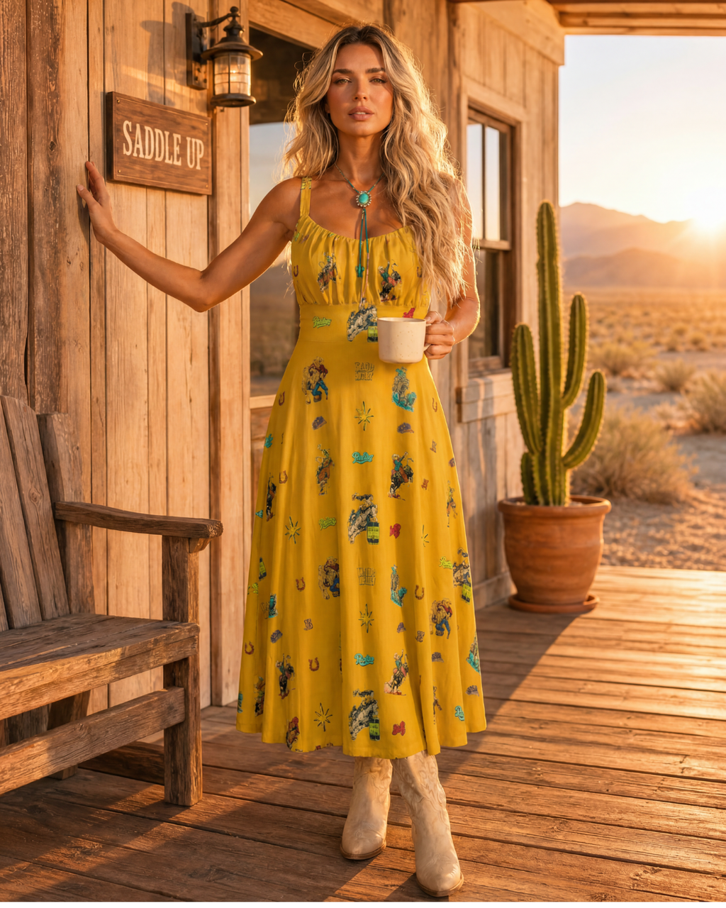 Baha Ranch The Last Roundup Western Rodeo Prairie Dress in Mustard