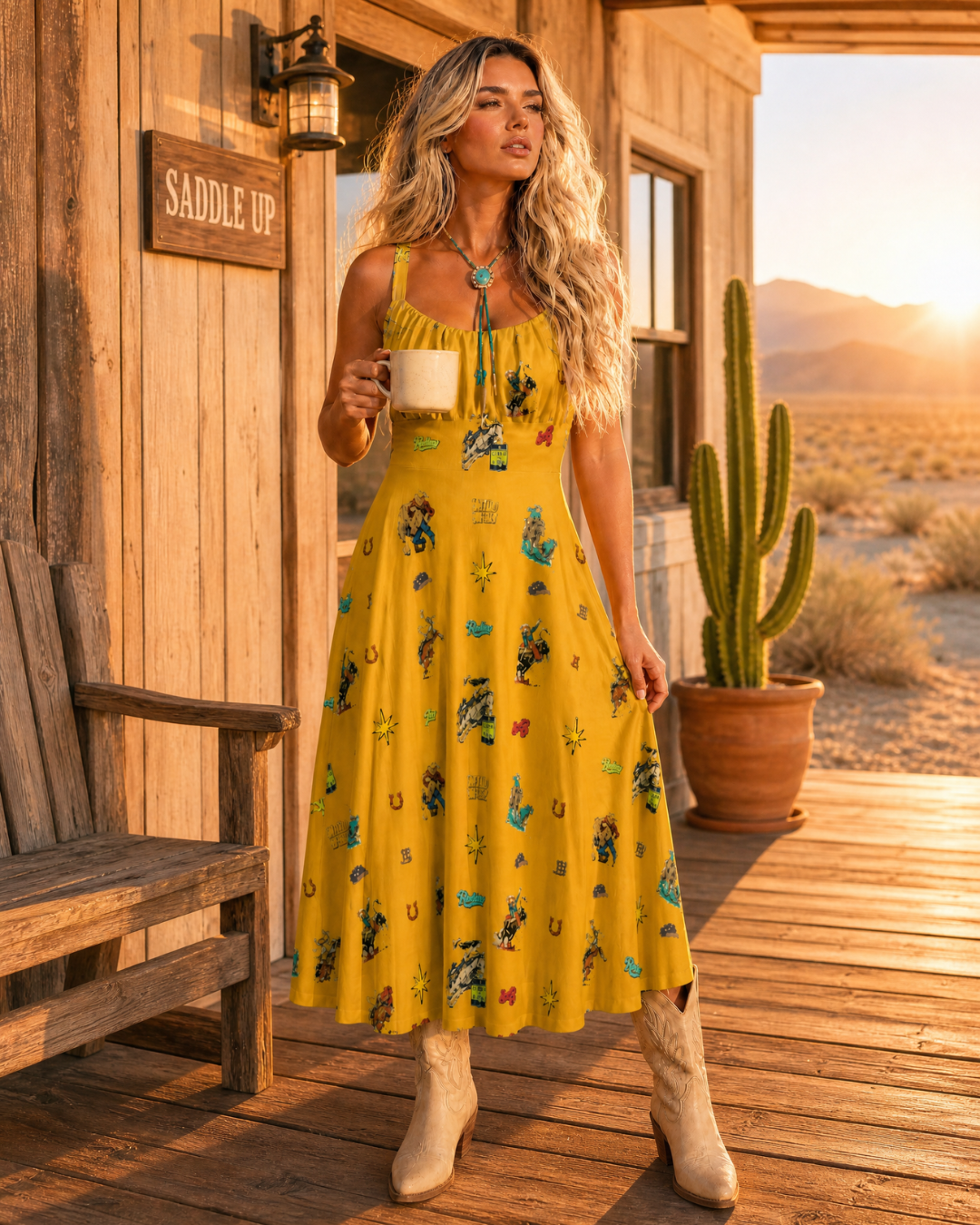 Baha Ranch The Last Roundup Western Rodeo Prairie Dress in Mustard