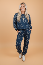 Western Horseshoe Sweatshirt & Elastic Waist Pants Set