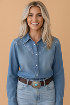 Western Embroidered Denim Collared Long Sleeve Shirt