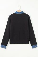 Denim Patchwork Collar Cuffed Long Sleeve Sweater