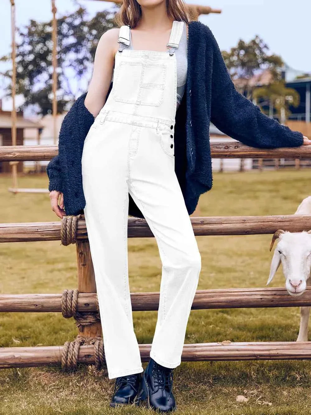 White Bib Square Neck Denim Overalls