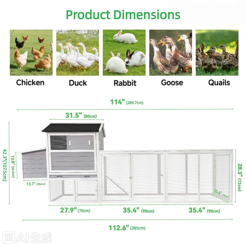 Gray Wooden Chicken Coop with Run and Nesting Box
