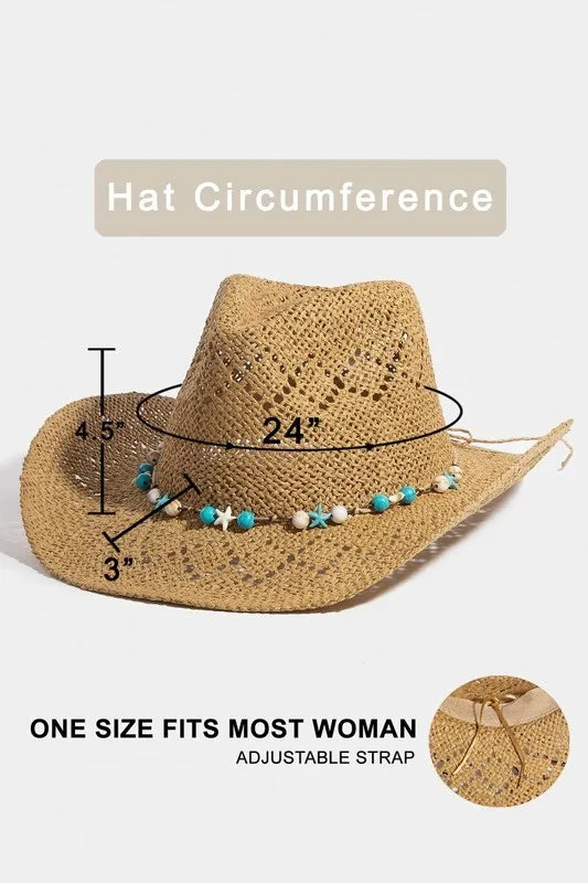 Turquoise and Shell Star Beads Strap Western Straw Hat