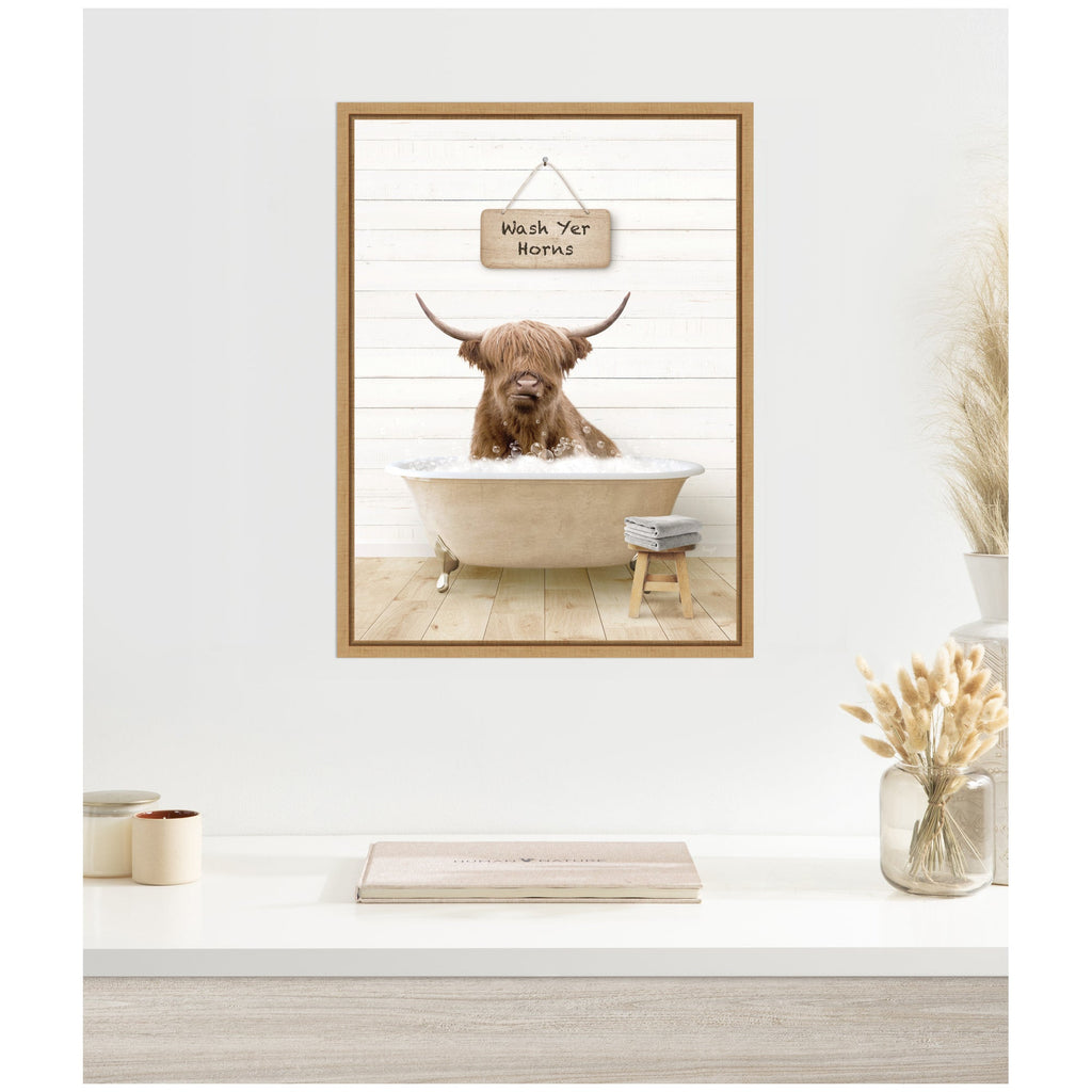Sylvie Highland Cow in Modern Bathtub Wash Your Horns Framed Canvas by Amy Peterson