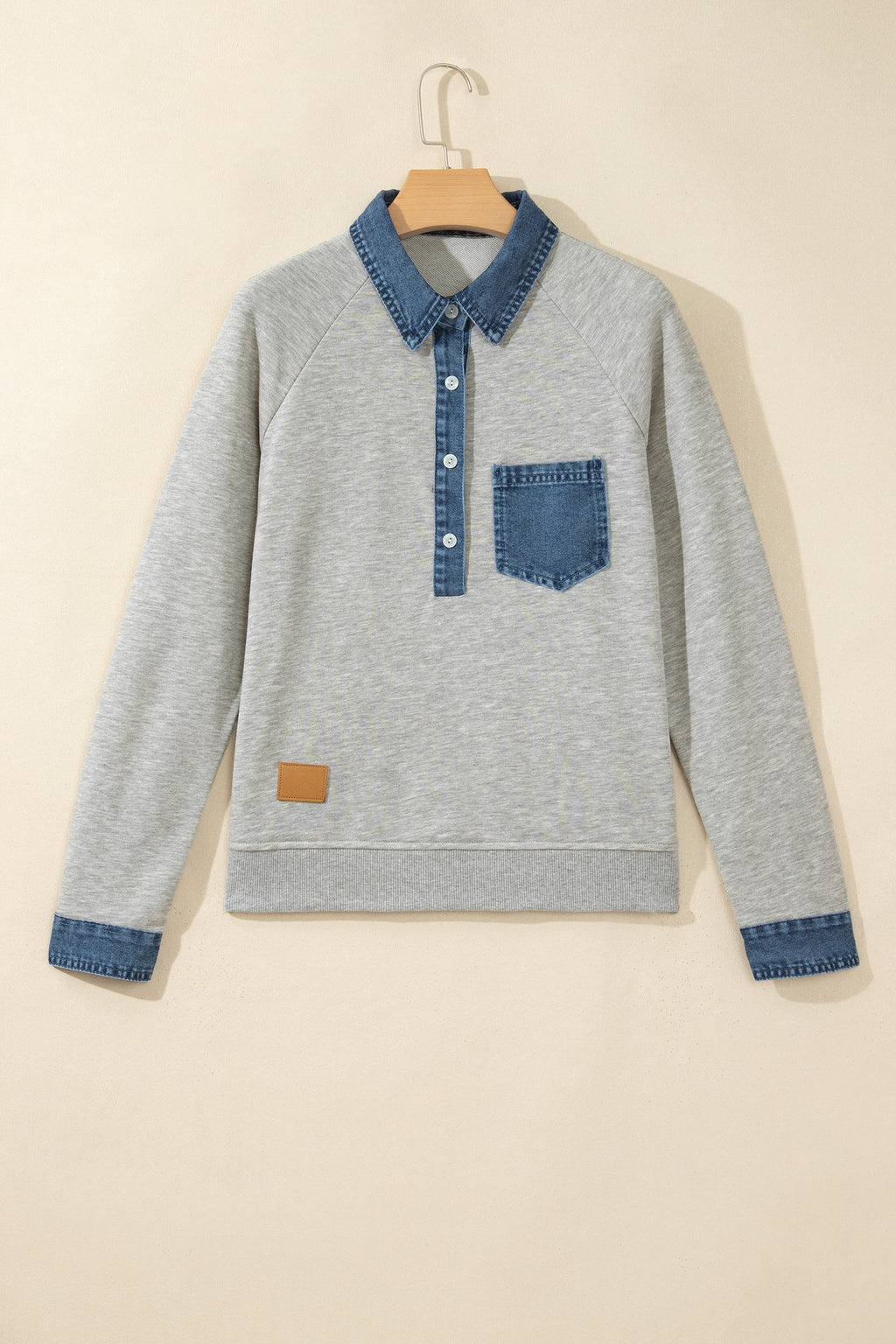 Gray Denim Collar Patchwork Long Sleeve Pullover Top