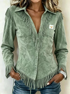 Full Size Fringed Collared Neck Shirt Plus Size