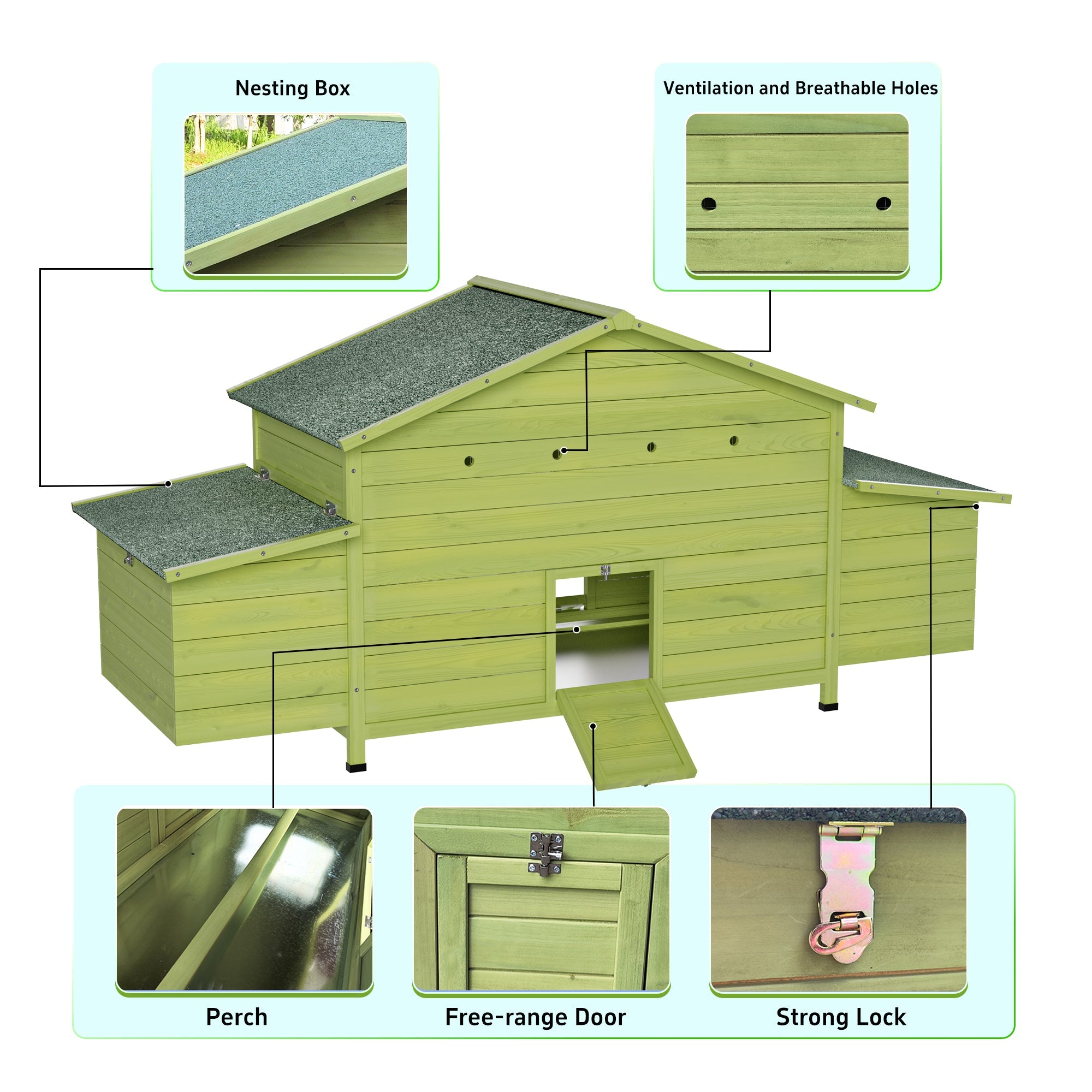 70" Large Wooden Chicken Coop with 2 Nesting Boxes and Waterproof Roof
