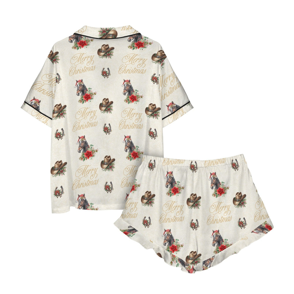 Baha Ranch Christmas Horses Cowgirl Western Satin Short Pajama Set