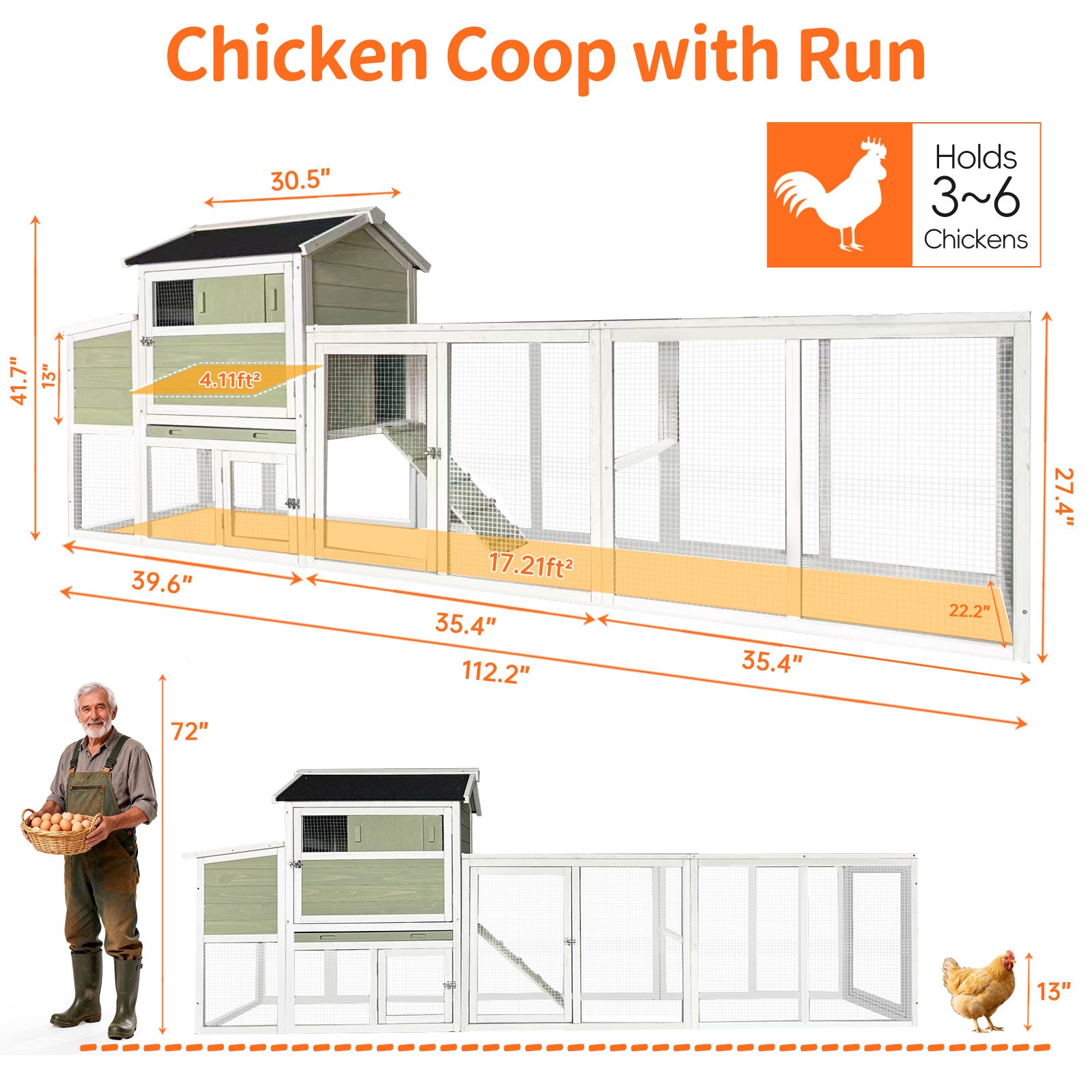 Wooden Chicken Coop, Large Outdoor Hen House with Run and Nesting Box