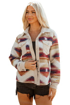 Multicolour Western Aztec Ribbed Patchwork Double Flap Pocket Raw Hem Shacket