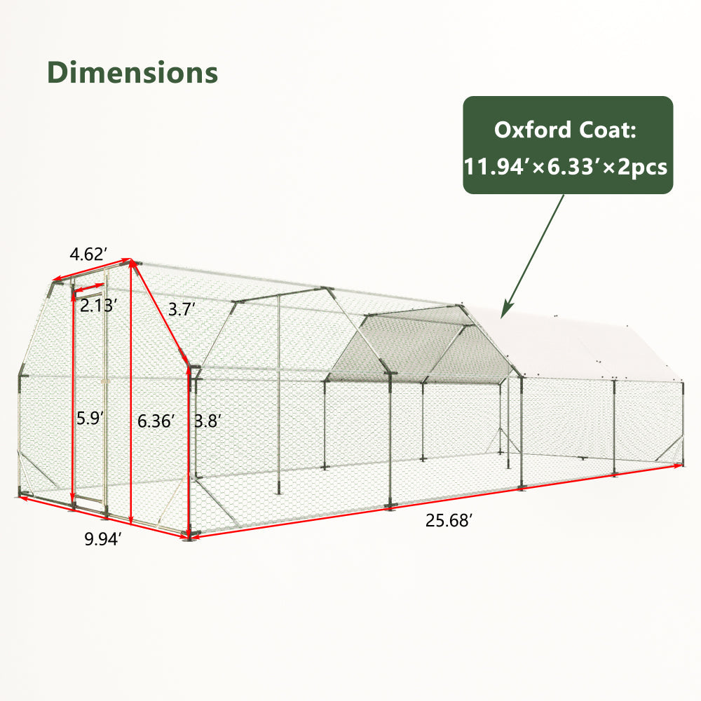9.94×25.68 FT Large Walk-In Chicken Coop | Galvanized Steel Poultry Run with UV Waterproof Tarp & Lockable Doors — Hen House & Farm Pen