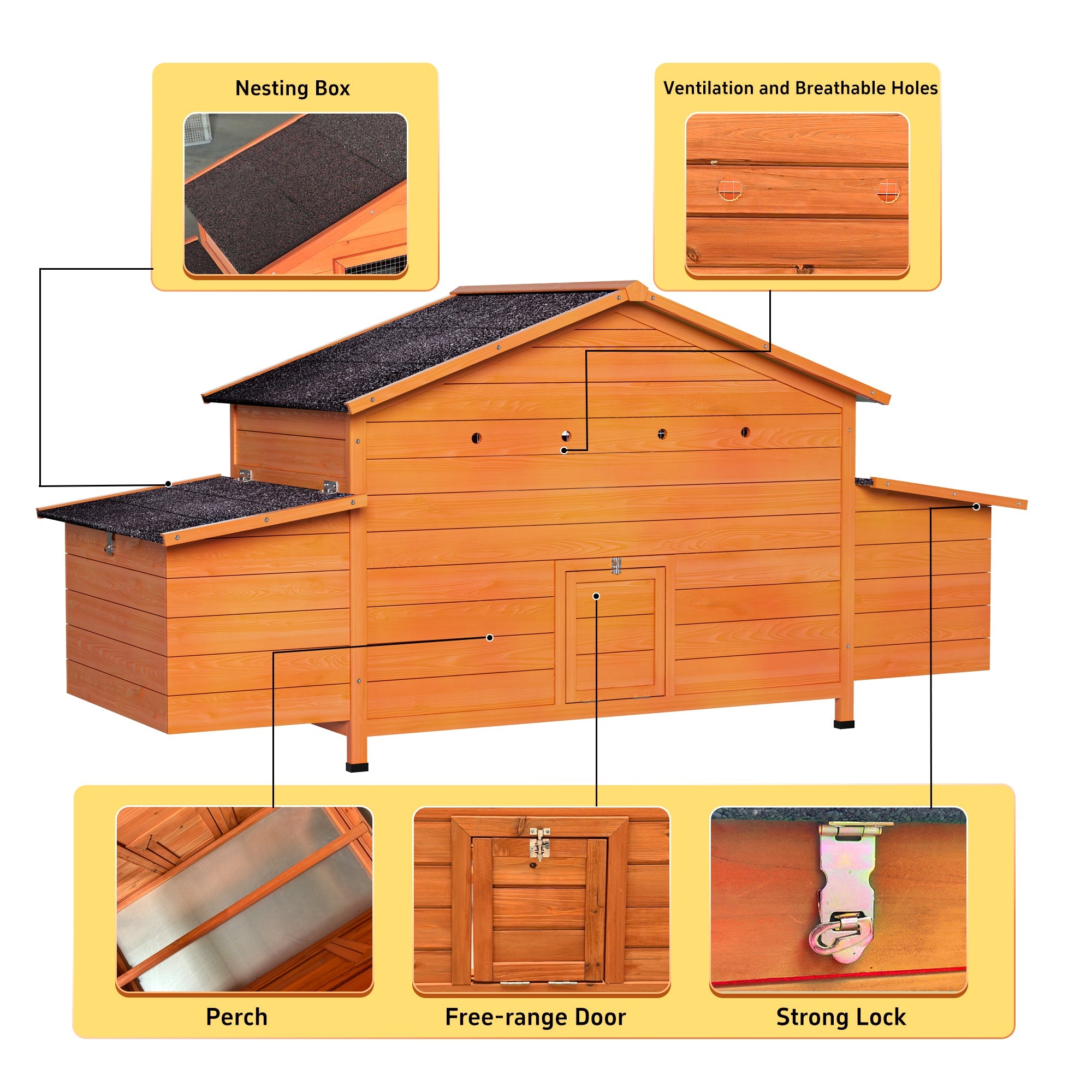 70" Large Wooden Chicken Coop with 2 Nesting Boxes