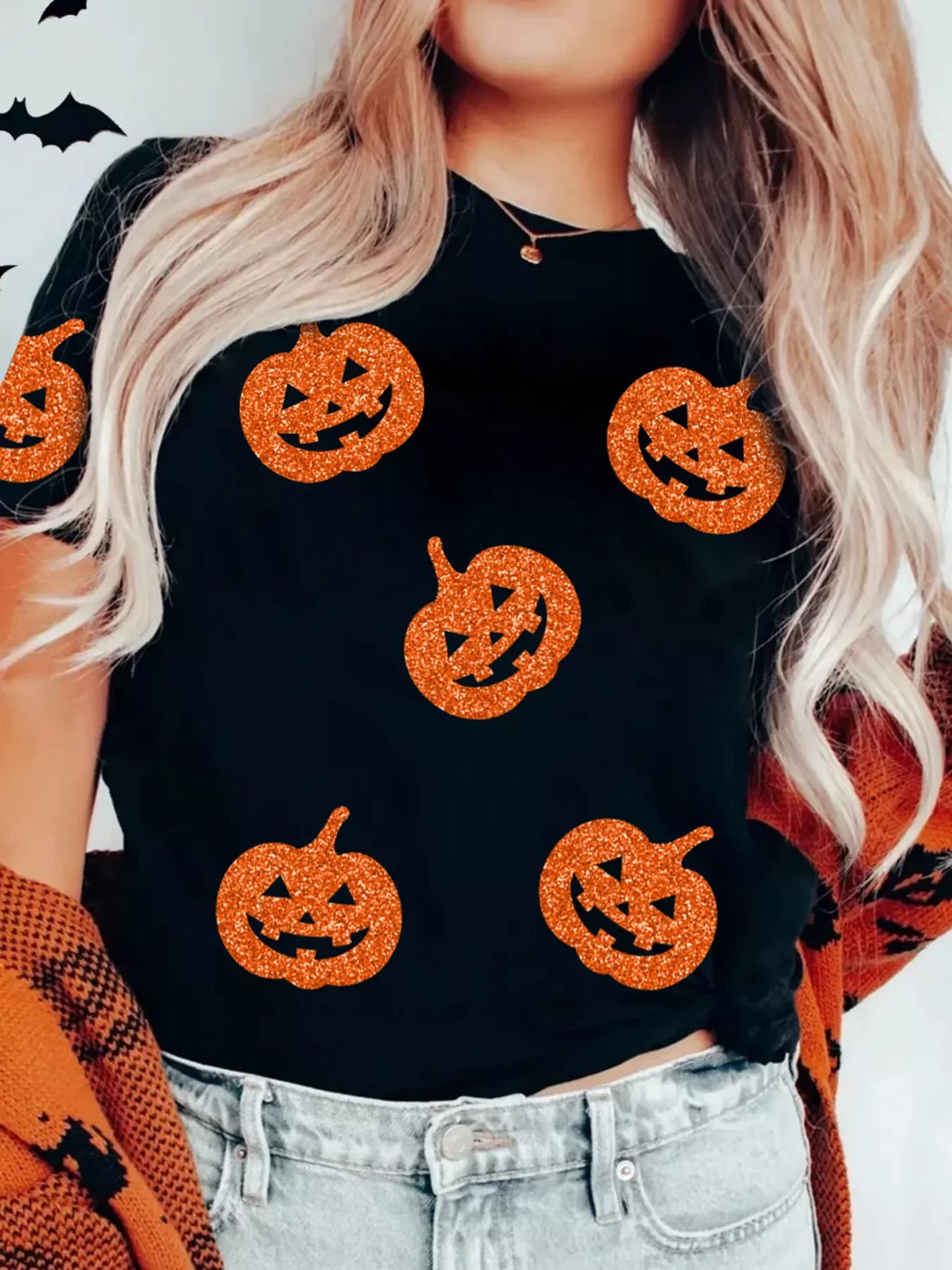 Glittering Pumpkin Face Crewneck Halloween T Shirt