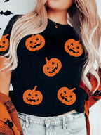 Glittering Pumpkin Face Crewneck Halloween T Shirt