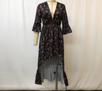 Women's Floral Printed Denim Patchwork Midi Dress — A-Line Half Sleeve